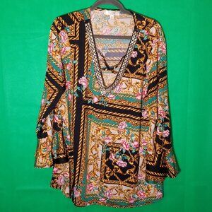 Purple Rain Bell Sleeve Floral Print Sequin Beaded V Neckline Chic Tunic 3X Y2K